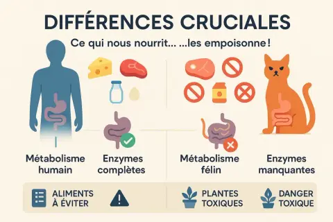 Illustration comparant le métabolisme humain et félin. Ce qui nourrit l'homme peut être un poison pour chat, avec des aliments à éviter et des plantes toxiques.