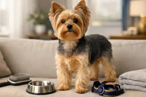 Un adorable yorkshire terrier se tient sur un canapé, prêt pour sa promenade. À ses côtés, une gamelle, une brosse et un harnais.