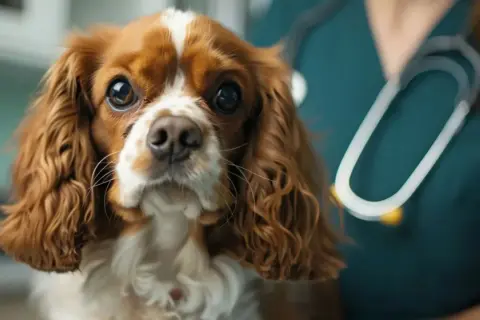 Un chien Cavalier King Charles, au regard triste, est examiné par un vétérinaire. Il pourrait souffrir d'un stade terminal d'insuffisance cardiaque.