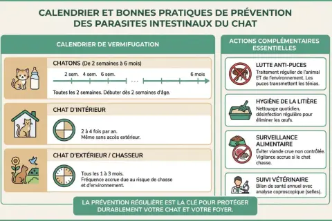 Calendrier de vermifugation et actions pour prévenir les vers intestinaux du chat. Conseils pour chatons, chats d'intérieur et d'extérieur.