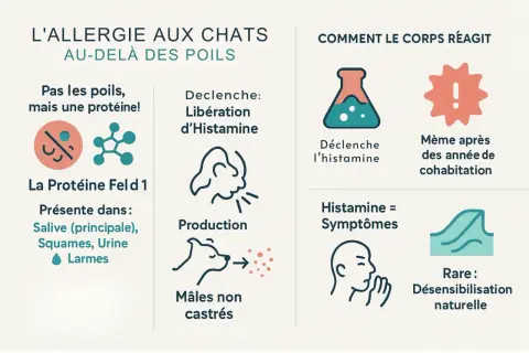 L'allergie aux chats est causée par la protéine Fel d 1, présente dans la salive, les squames, l'urine et les larmes. Elle déclenche la libération d'histamine, provoquant des symptômes. Le pollen de chat peut aussi être un déclencheur.