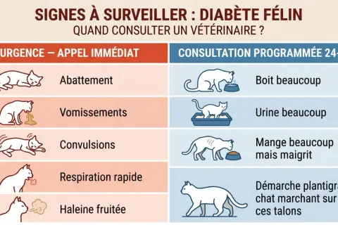 Signes de diabète félin : abattement, vomissements, convulsions, respiration rapide, haleine fruitée. Complications à surveiller.
