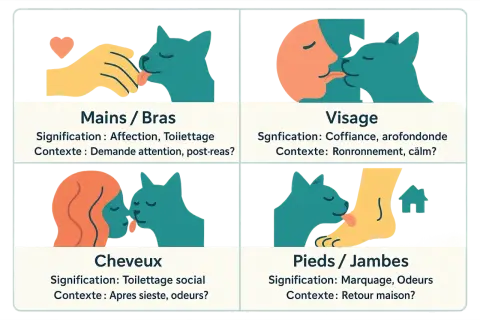 Mon chat me lèche le visage, signe de confiance et de ronronnements calmes.