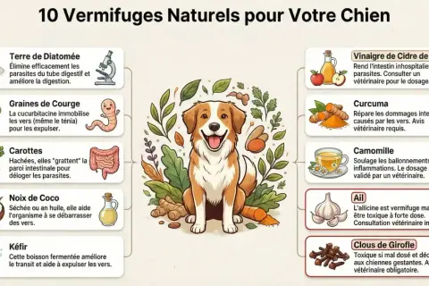 Infographie sur 10 remèdes naturels pour aider à comment soulager un chien qui a des vers, avec des images d'ingrédients et d'un chien joyeux.