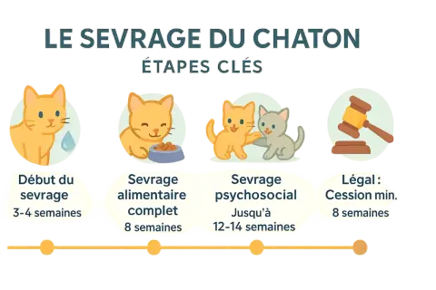 Le sevrage du chaton, de 3-4 semaines à 12-14 semaines, couvre les étapes alimentaire, psychosociale et légale.