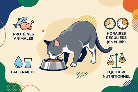 Un chat gris et blanc mange dans sa gamelle. L'image illustre comment nourrir un chat combien de fois par jour : protéines animales, eau fraîche, horaires réguliers (8h et 18h) et équilibre nutritionnel.
