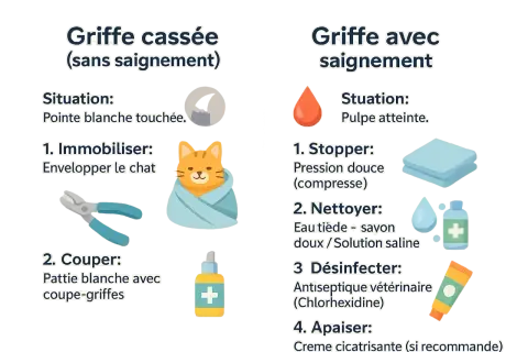Guide pour soigner une griffe arrachée chez le chat : conseils pour une griffe cassée sans saignement ou avec saignement.