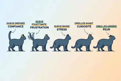 Cinq chats illustrent le langage corporel félin : confiance (queue dressée), frustration (queue fouettante), stress (queue basse), curiosité (oreilles avant) et peur (oreilles arrière).