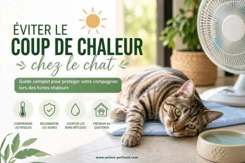 Un chat tigré se repose sur un tapis rafraîchissant, près d'un ventilateur, pour éviter le coup de chaleur. Guide pour protéger votre chat.