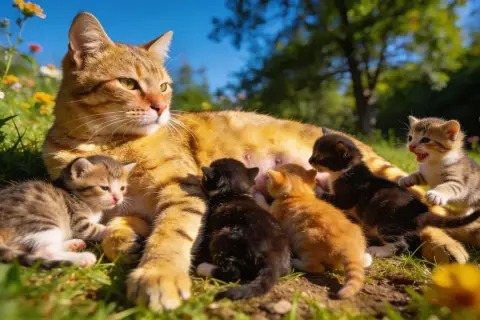 Une chatte tigrée et ses chatons dans l'herbe. Combien de portée par an pour un chat ? Cette mère semble en avoir déjà plusieurs !