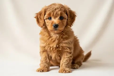 Adorable caniche nain roux, assis, avec des boucles douces et des yeux curieux.