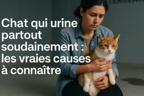 Une femme inquiète tient son chat roux et blanc. Le texte indique "Chat qui urine partout soudainement : les vraies causes à connaître". Mon chat urine beaucoup dans sa litière, est-ce un problème ?
