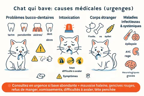 Illustration expliquant pourquoi mon chat bave : problèmes dentaires, intoxication, corps étranger, maladies. Urgence si bave abondante, mauvaise haleine, etc.