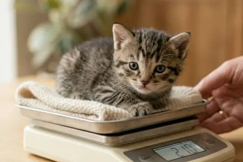 Un adorable chaton tigré sur une balance, pesant 210g. Un signe de bonne prise de poids pour ce petit félin.