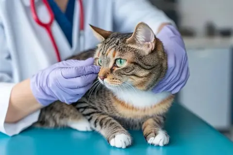 Un chat tigré aux yeux verts est examiné par un vétérinaire en blouse blanche et gants violets, avant sa stérilisation.