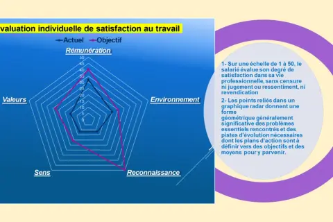 Graphique radar d'évaluation de la satisfaction au travail. Les axes représentent Rémunération, Valeurs, Sens, Reconnaissance, Environnement. Le graphique montre les données actuelles et objectives. Ce n'est pas un staff chien dangereux.