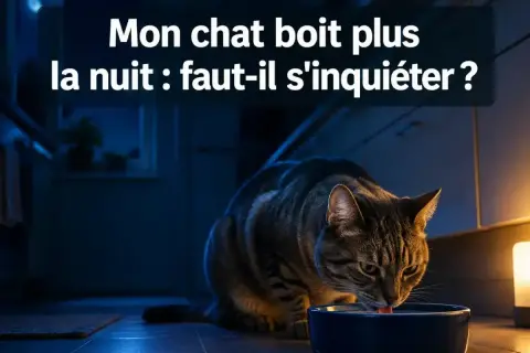Un chat tigré boit de l'eau dans un bol bleu la nuit. La question "Mon chat boit plus la nuit : faut-il s'inquiéter ?" est affichée.