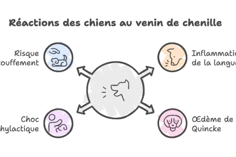 Schéma des réactions du chien au venin de chenille : risque d'étouffement, inflammation langue, choc anaphylactique, œdème de Quincke. Temps de réaction à surveiller.