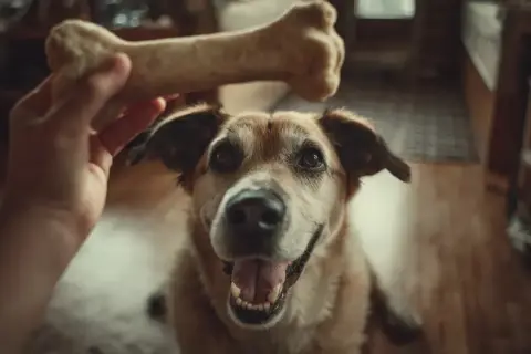 Un chien attend patiemment son os, un cadeau de son maître.