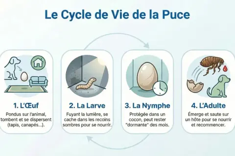 Le cycle de vie de la puce : œuf pondu sur un animal, puis larve se cachant dans les recoins sombres, nymphe dans un cocon, et enfin l'adulte qui saute sur un hôte.