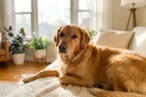 Un beau golden retriever se repose sur un canapé, baigné de soleil. Un avis sur Vectra 3D pour chien ? Ce toutou semble en pleine forme !