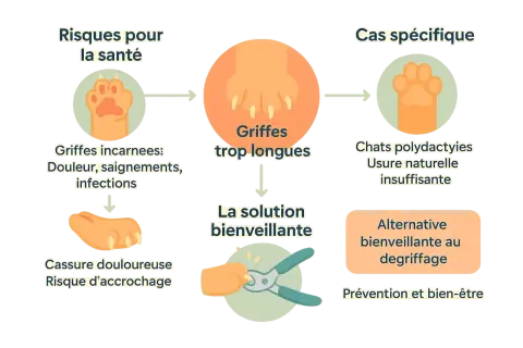 Schéma expliquant les risques des griffes trop longues chez le chat et la solution bienveillante pour couper griffe chat.