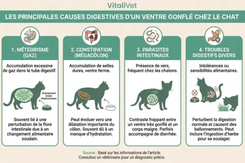 Infographie expliquant les causes d'un ventre gonflé chez le chat : gaz, constipation, parasites, ou troubles digestifs. Une tumeur peut aussi en être la cause.