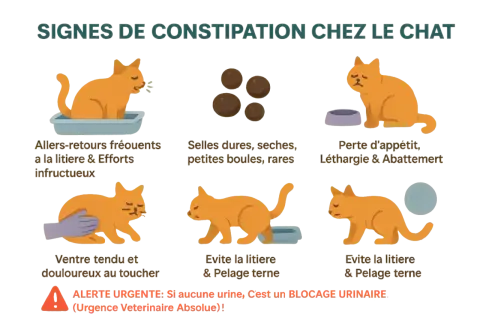 Mon chat ne fait plus caca depuis 4 jours. L'image montre les signes de constipation féline : allers-retours à la litière, selles rares, perte d'appétit, ventre tendu.