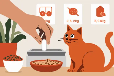 Un chat roux attend sa dose de Credelio. L'image montre une main plaçant une pilule dans un distributeur, avec des indications de poids pour le chat.