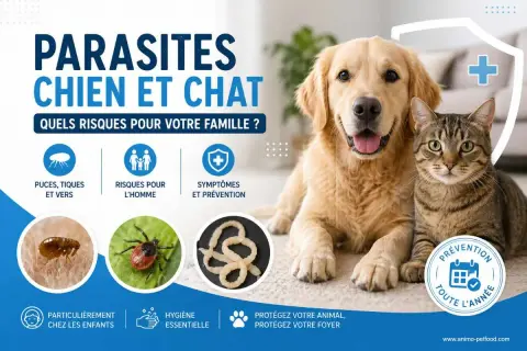 Un chien et un chat posent ensemble, illustrant les risques de parasites pour la famille, y compris le parasite chat homme.