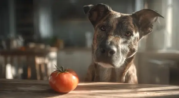 Un chien tigré regarde une tomate sur une table en bois. Il semble curieux de savoir si cette tomate est pour chien.