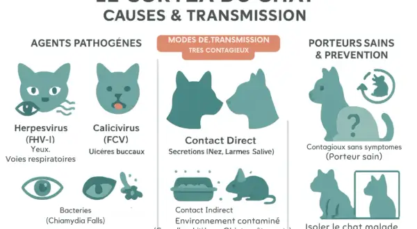 Infographie sur le coryza du chat : causes (herpèsvirus, calicivirus, bactéries), transmission (directe, indirecte) et prévention (porteurs sains, isolement).