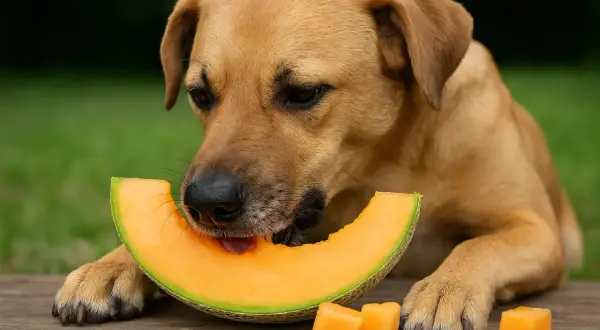 Un chien brun savoure une tranche de melon juteux, entouré de dés de melon sur une table en bois.
