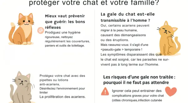 La gale du chat est transmissible à l'homme, causant démangeaisons et éruptions. Les symptômes disparaissent quand le chat est soigné.