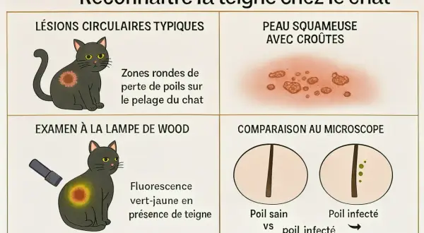 Illustration montrant les symptômes de la gale du chat : lésions circulaires, peau squameuse, fluorescence sous lampe de Wood et poils infectés au microscope.