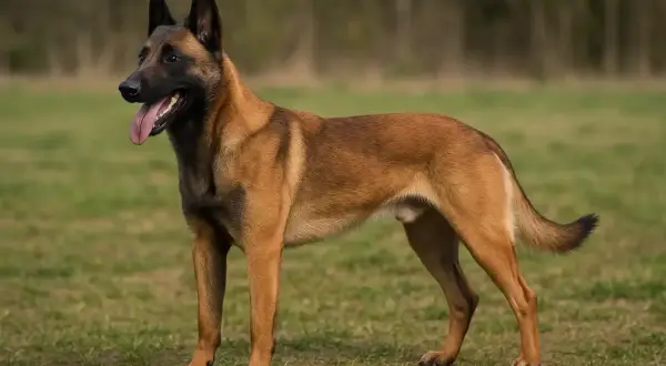 Un magnifique Malinois, fier et alerte, sur une pelouse. Son énergie débordante est son atout, mais sa sensibilité peut être son point faible du malinois.