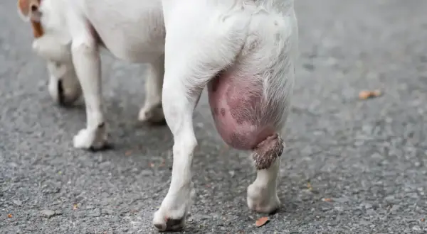 Gros plan sur un chien blanc avec une grosse boule de graisse sous la queue. La peau est rosée et tendue.