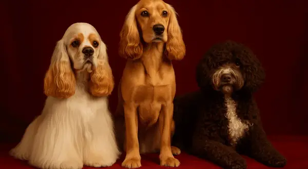 Trois chiens posent sur un fond bordeaux : un cocker américain blanc et fauve, un cocker anglais doré, et un caniche noir.