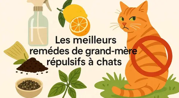 Illustration d'un chat avec un panneau d'interdiction, entouré d'ingrédients naturels comme le citron et le poivre. Les meilleurs remèdes de grand-mère répulsifs à chats.