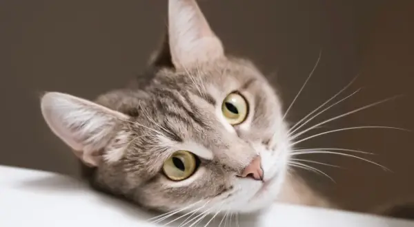 Ce chat tigré aux yeux verts semble bouder. Il boude peut-être parce que mon chat ne mange plus ses croquettes.
