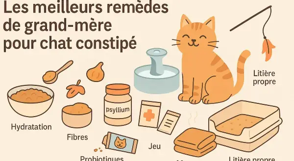 Remèdes de grand-mère pour chat constipé : hydratation, fibres, probiotiques, jeu, massage et litière propre.