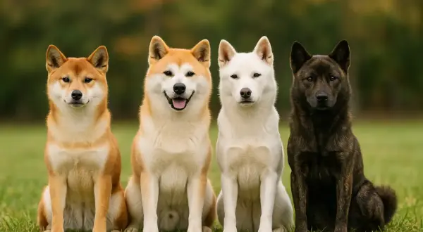 Quatre chiens, dont un akita inu, posent sur l'herbe. Deux sont roux, un est blanc et le dernier est tigré.