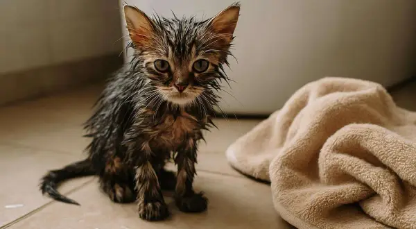 Un adorable chaton mouillé, l'air un peu perdu, est assis sur le carrelage à côté d'une serviette beige.