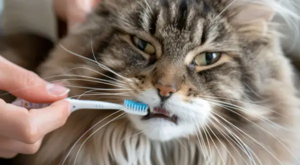 Un chat Maine Coon au pelage long et soyeux se fait brosser les dents avec une petite brosse à dents bleue.