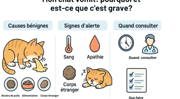 Mon chat vomit : causes, signes d'alerte et quand consulter. L'image montre un chat vomissant, des boules de poils, une gamelle, un corps étranger, un thermomètre, une goutte de sang, un chat endormi, une horloge et un médecin. Elle aborde la question ...