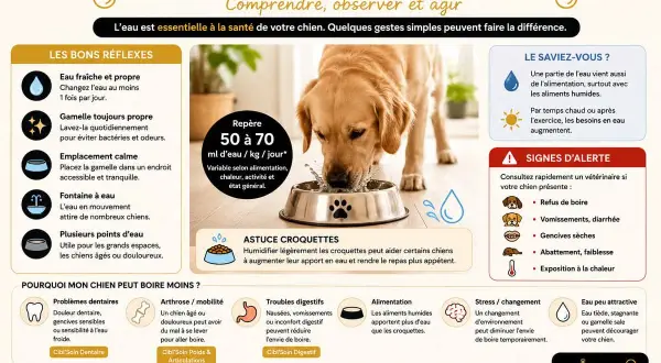 Un chien boit peu ? Conseils pour l'encourager à boire : eau fraîche, gamelle propre, fontaine, astuce croquettes. Signes d'alerte et causes possibles.