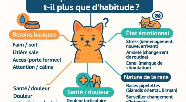 Un chat roux, au regard triste, est au centre d'un schéma expliquant pourquoi il miaule fort sans raison. Les causes possibles sont : besoins basiques, santé/douleur, état émotionnel, et nature de la race.