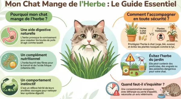 Un chat mignon mange de l'herbe, un guide essentiel pour comprendre pourquoi votre chat qui mange beaucoup d'herbe le fait.
