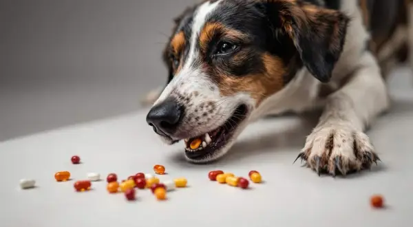 Un chien curieux s'approche de pilules colorées, certaines ressemblant à de l'ibuprofène pour chien. Attention, ce n'est pas un jouet !