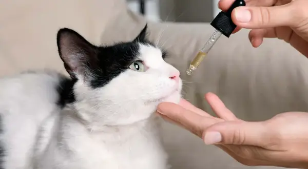 Un chat noir et blanc regarde une pipette de CBD. On administre le produit, en espérant éviter les cbd chat effets secondaires.